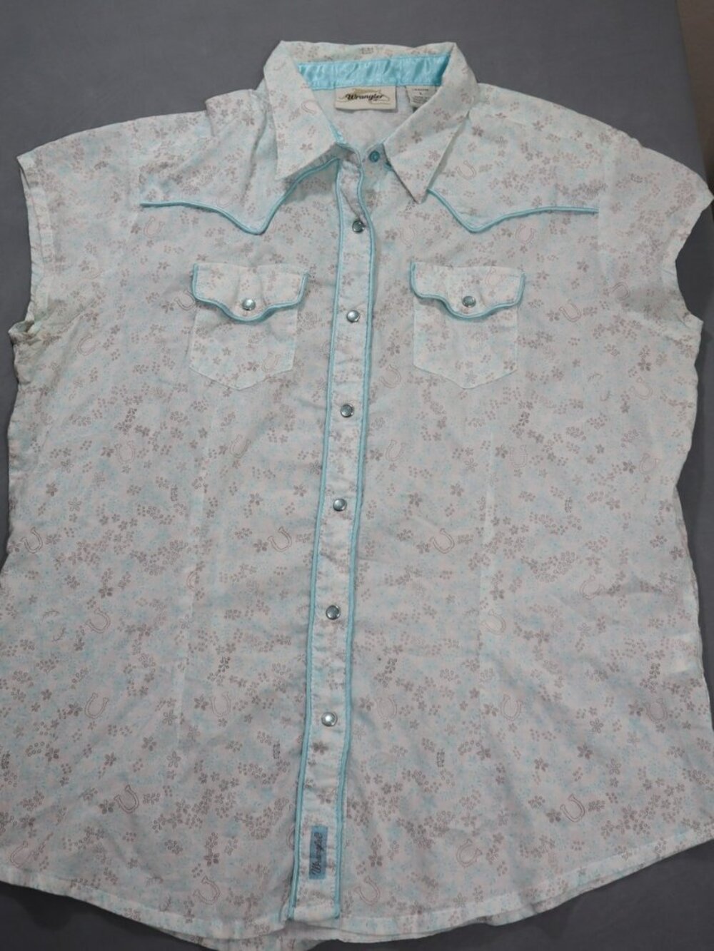 Wrangler Western Pearl Snap Cap Sleeve Shirt L White Aqua Floral Horseshoe